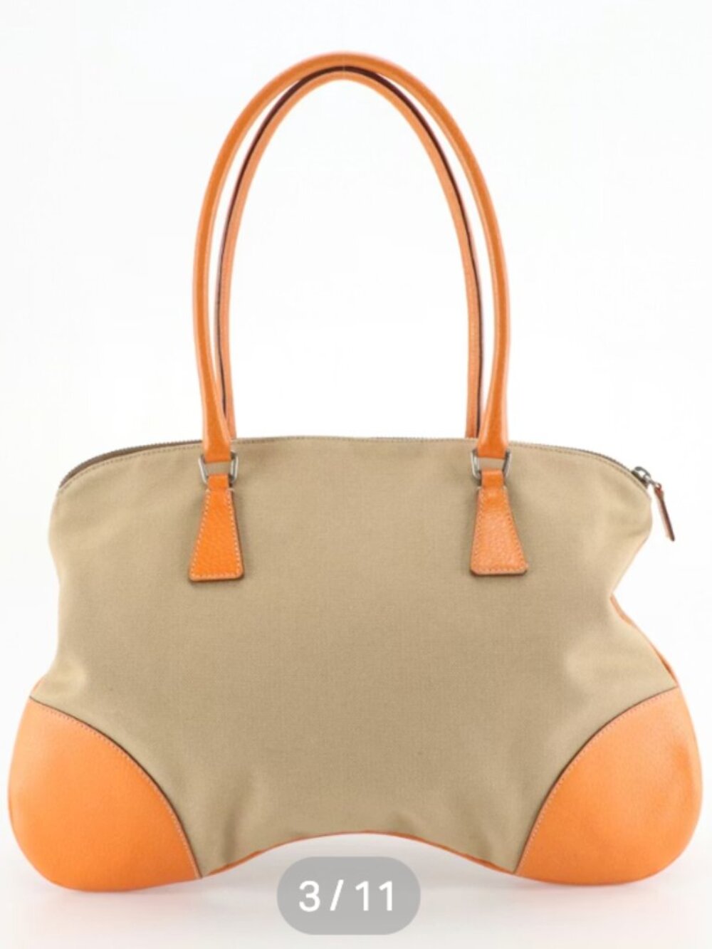 Prada Bauletto Vintage Shoulder Bag Beige Jacquard Canvas Orange Leather - Picture 3 of 11